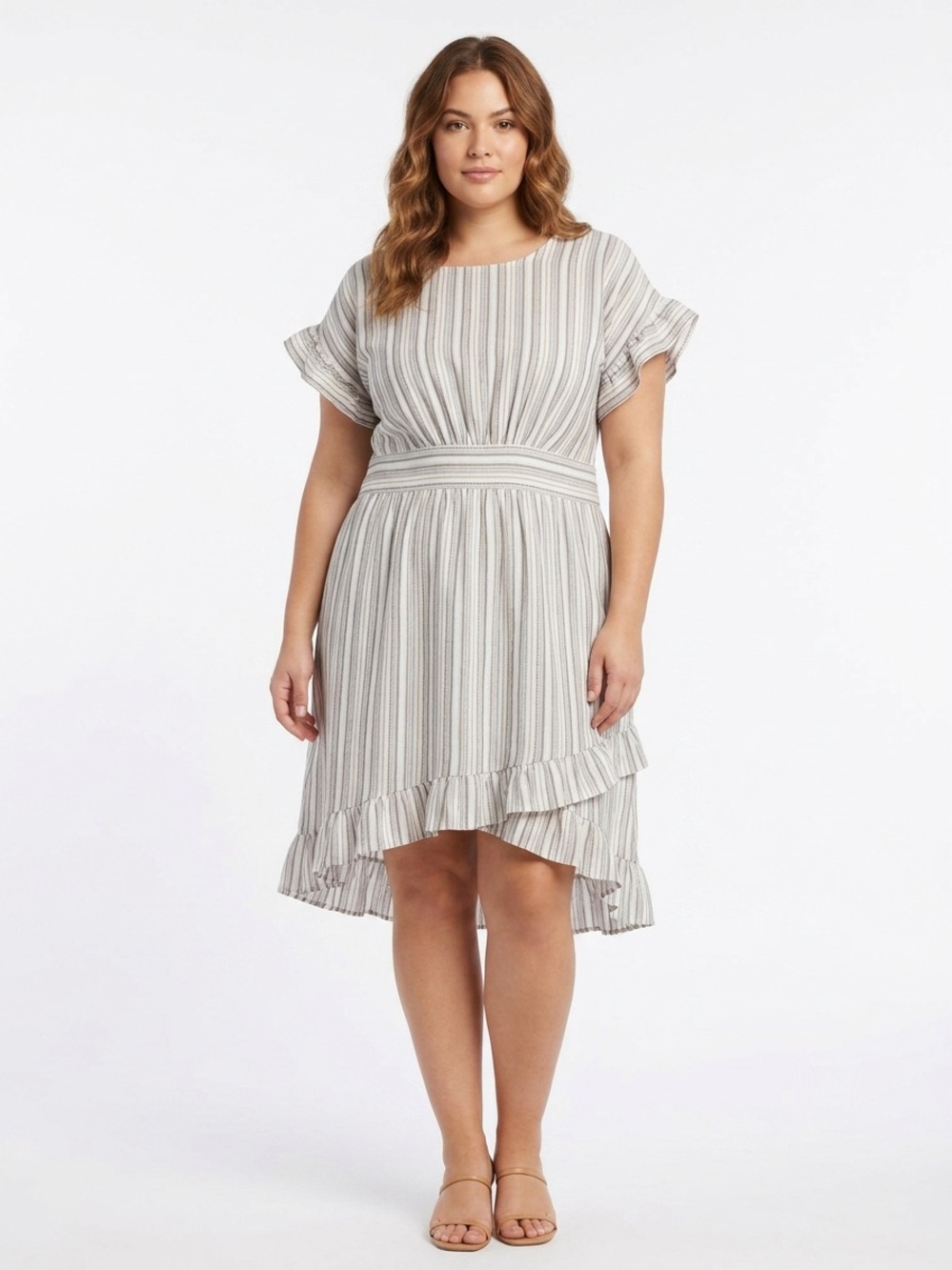 Ava James Linen Tie Back Striped Ruffle-Hem Casual Dress - Blue and White